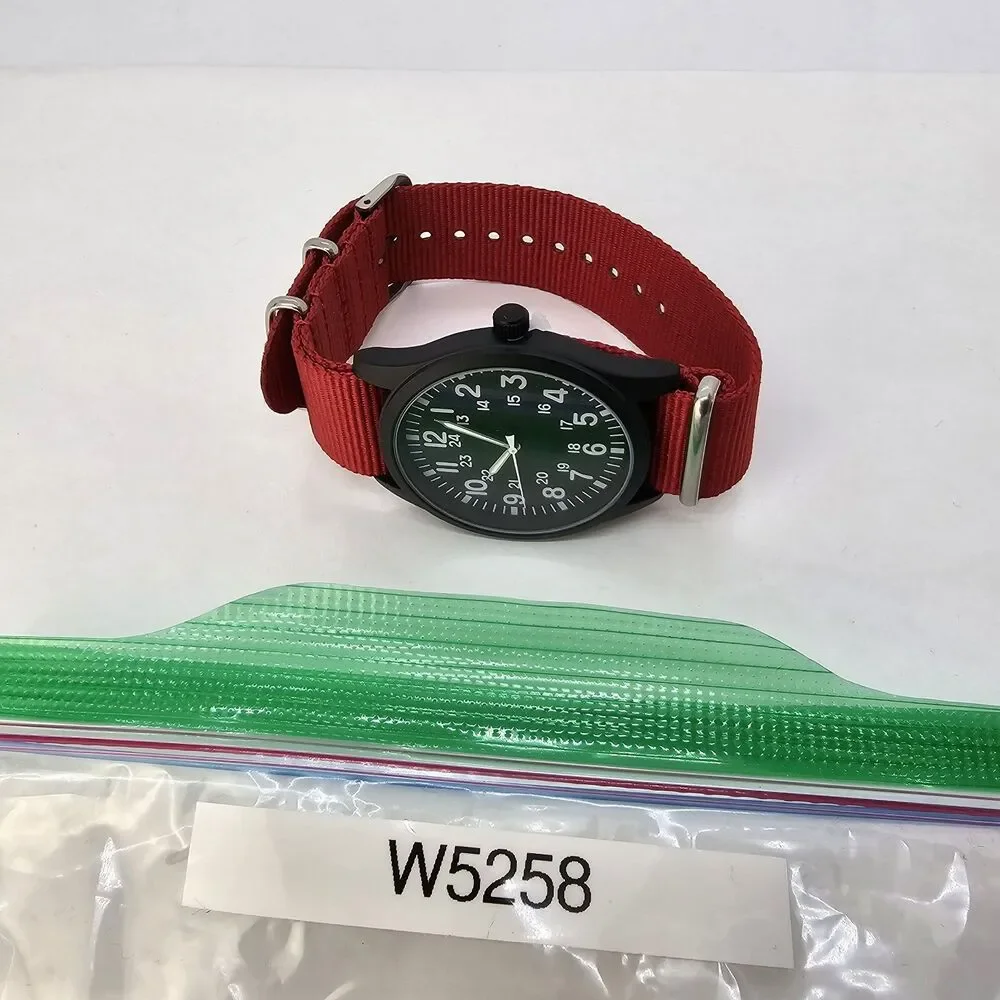 Men's Field Watch 42MM Black‎ Dial Black Case Red Canvas Band